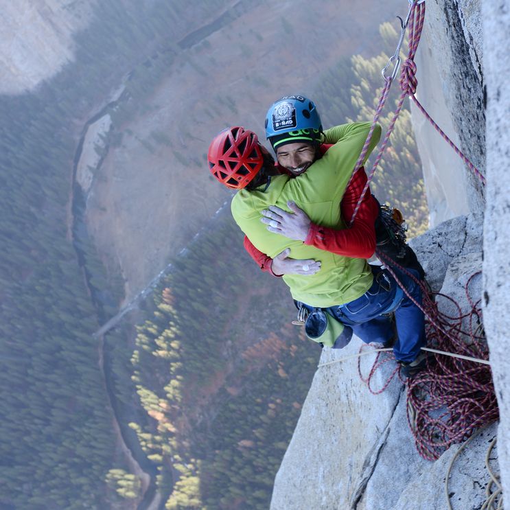 Tommy Caldwell & Kevin Jorgeson celebrate in January 2015 after being the first ever to free climb the Dawn Wall of El Capitan in Yosemite National Park. It took them 7 years, 3 failed attempts and this specific climb took them 19 days. (Photo by Rhys Blakely. Source: http://www.thetimes.co.uk/tto/news/world/americas/article4323909.ece)