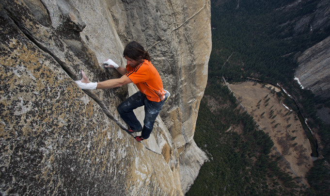 Dean Potter free soloing on El Capitan on a route he called Easy Rider.