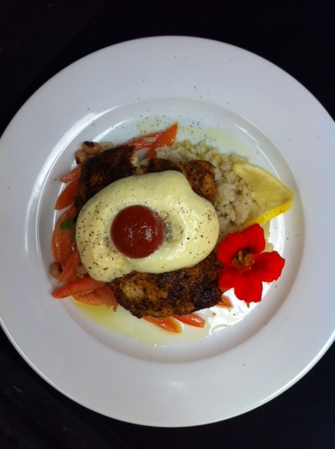 Blackened Snapper with bloody mary pimento cheese "egg"