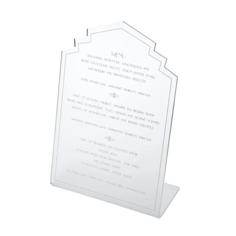 Clear engraved acrylic menu