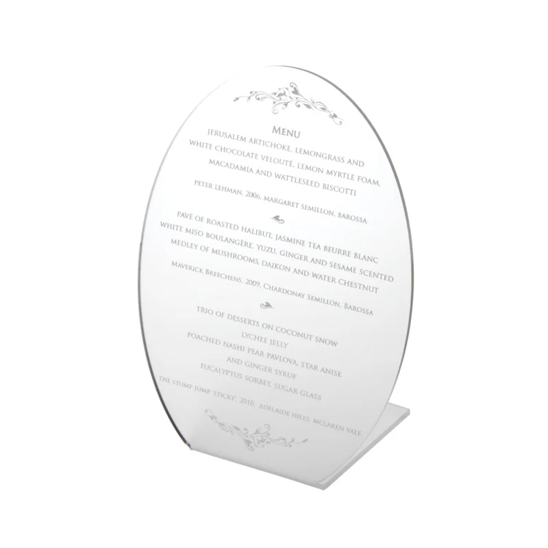 Oval freestanding wedding menu laser engraved on clear perspex