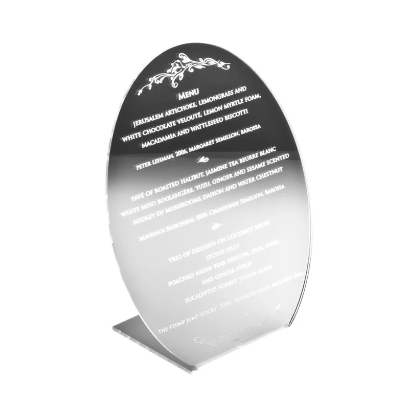 Bespoke freestanding wedding menu laser engraved on mirrored perspex