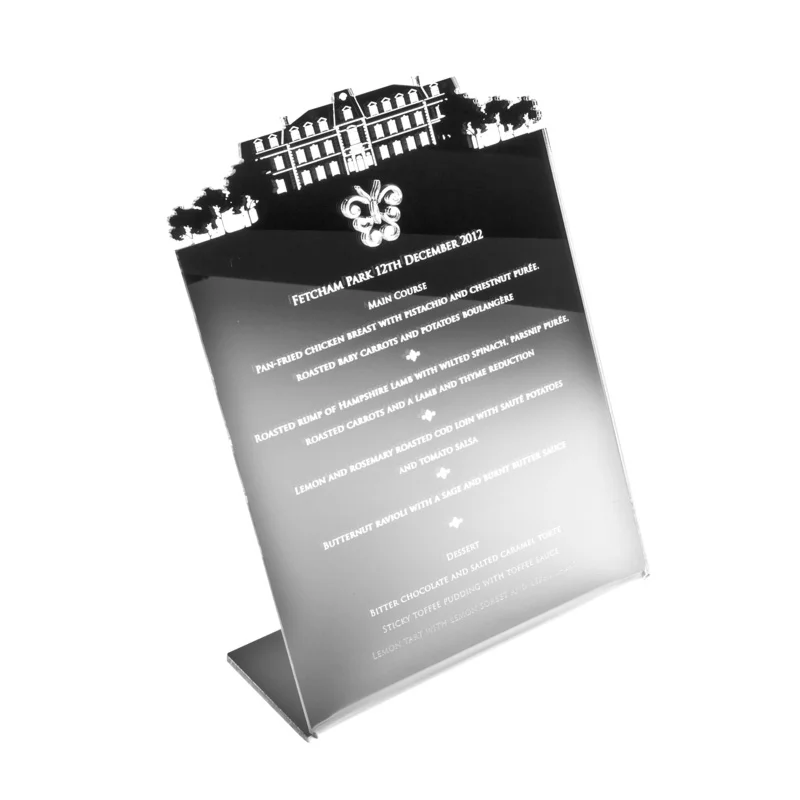 laser cut and engraved silver mirror menu