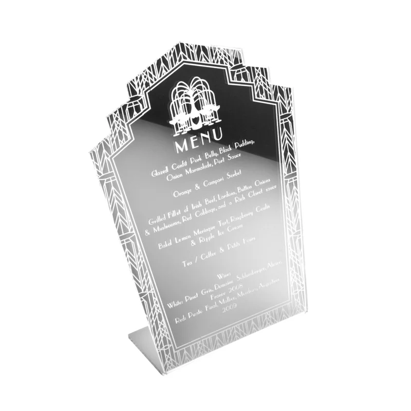 Bespoke art deco design menu laser engraved on mirrored perspex