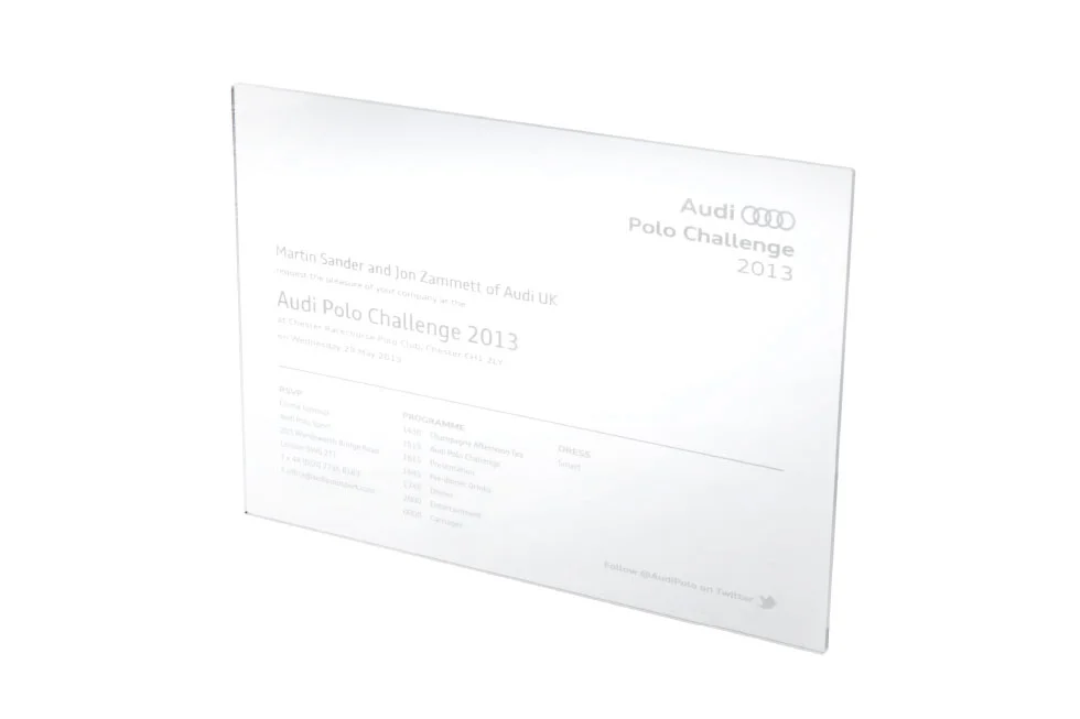 Clear engraved perspex award for Audi