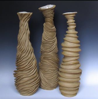 Set of 3 Tall Sandy Brown Organic Ceramic Vases