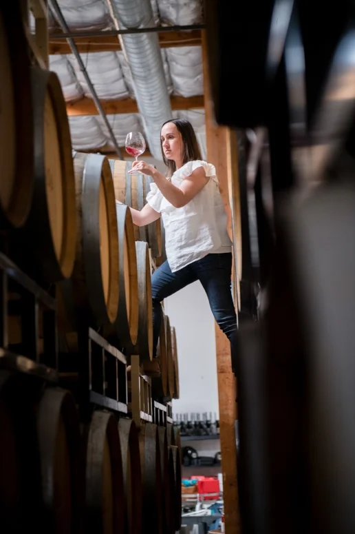 J. Brix winemaker Emily in barrel room