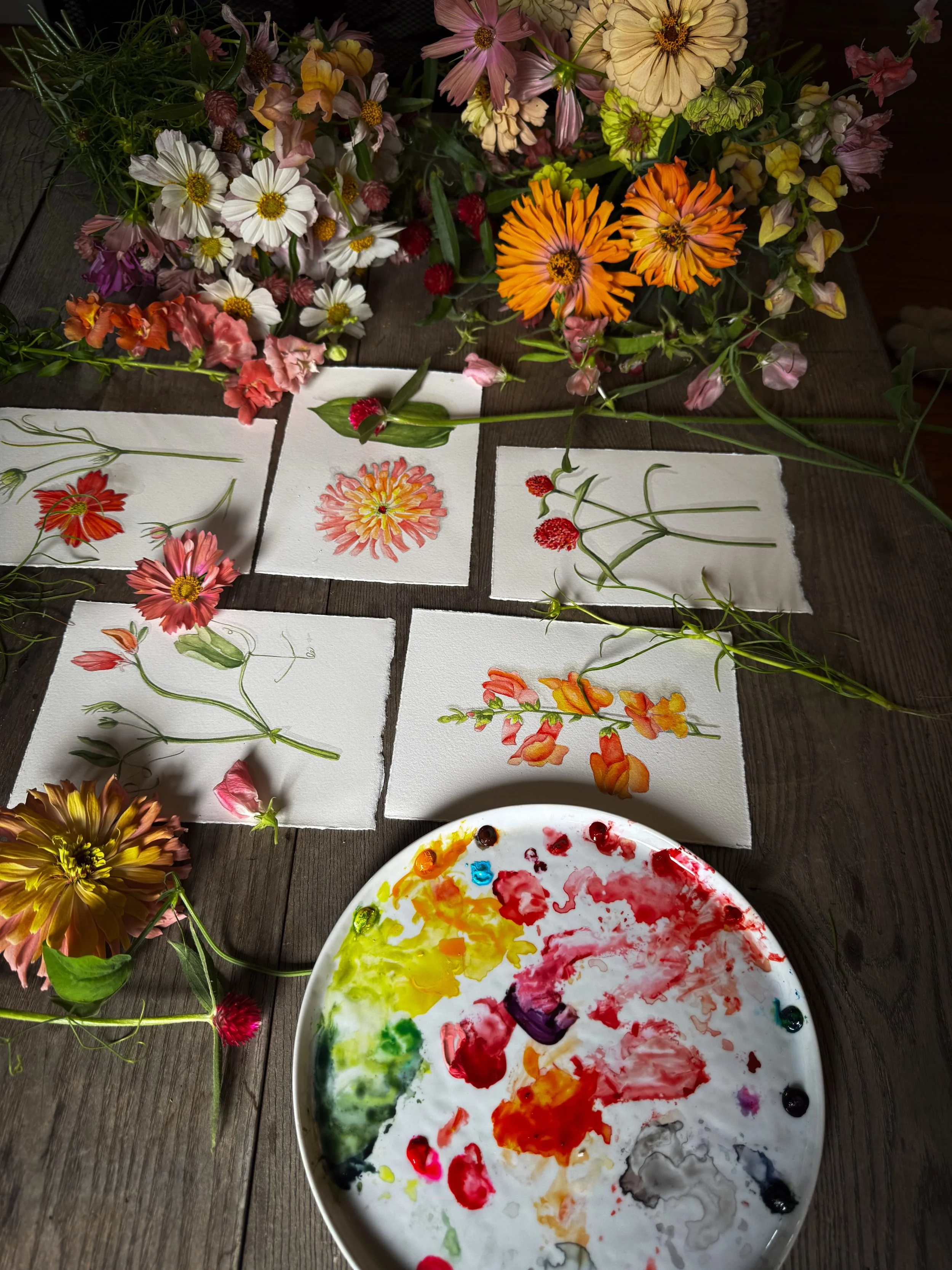 Deconstructed bouquet. The garden is growing in quinacridone right now. I&rsquo;m finally finding a few moments to paint some summer abundance :)