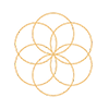 Gold geometric pattern of seven overlapping circles, symbolizing energy healing, forms a flower-like shape on a black background representing higher purpose