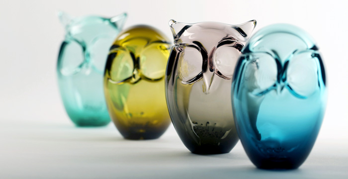 Glass owls by Jennifer Schinzing.