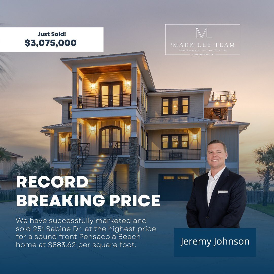 The Mark Lee Team was honored to represent the seller on her another record breaking closing on Pensacola Beach, yielding the highest price for a sound front home at $3,075,000.