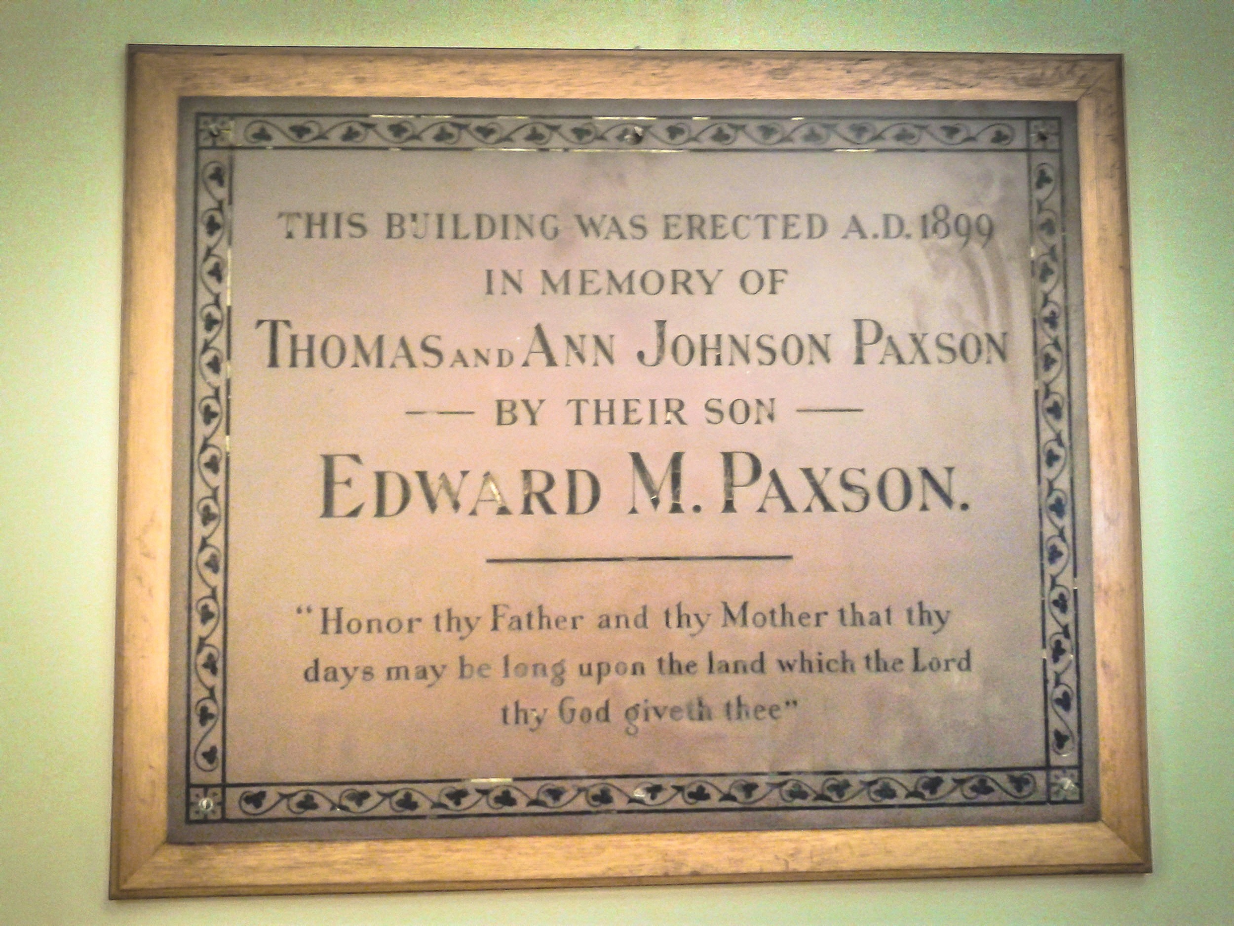 bronze dedication plaque in fhv’s paxson hall