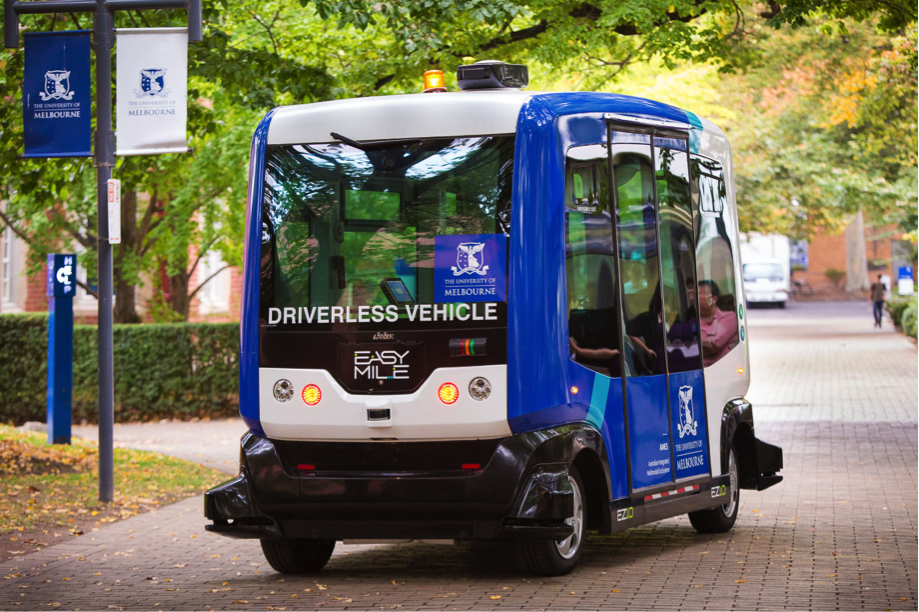The EZ10 driverless vehicle carries up to 15 people and can operate on existing roadway and public infrastructure.