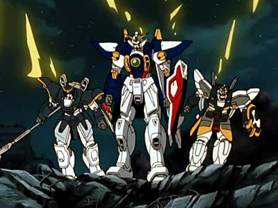 Wing, Deathscythe, and Sandrock Gundams from an episode of Gundam Wing . Credit to Sunrise.