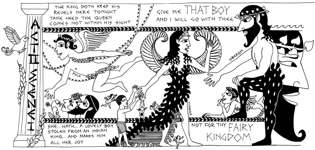 A small inked section of A Midsummer Night's Draft, Act II, Scene I. Puck first appears and we are introduced to the King and Queen of the fairies who are having some time apart.