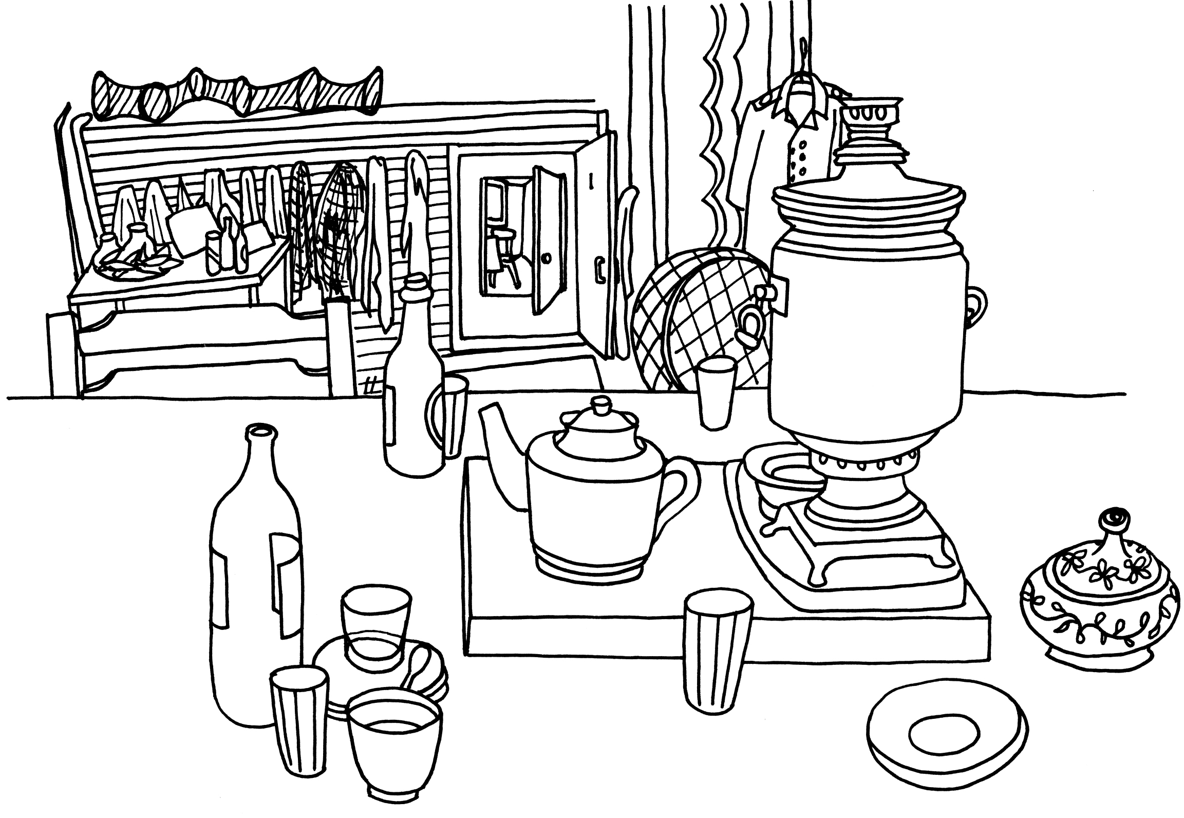 Interior with table and samovar - our wooden hut at Lake Peipus, Estonia