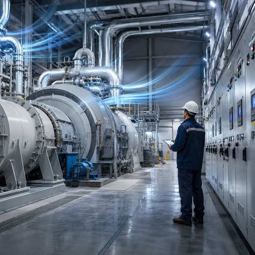 Engineer inspecting turbine and electrical equipment inside an industrial power generation facility