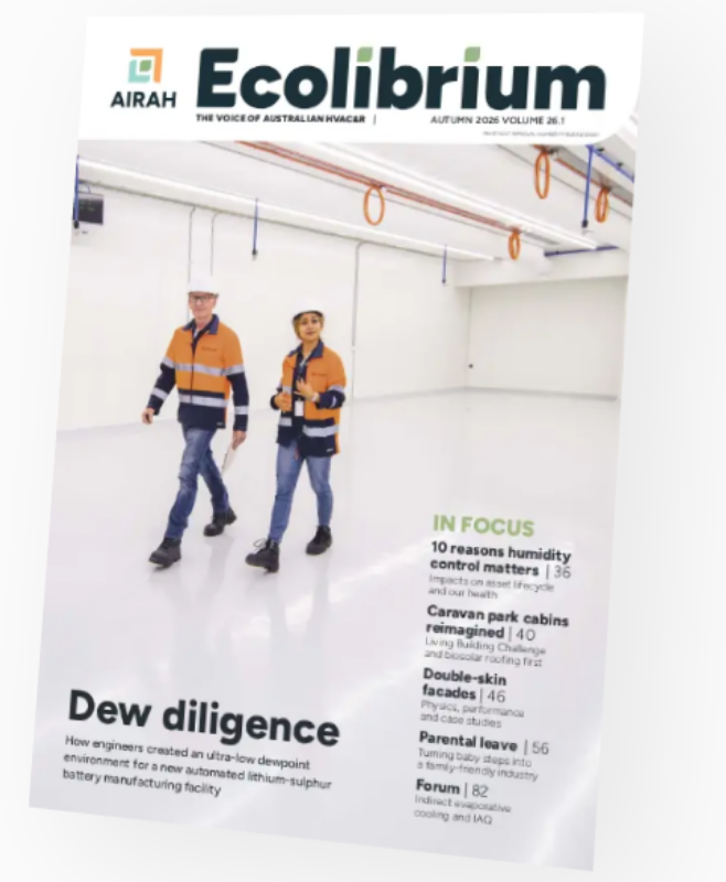 Humiscope on the front cover of AIRAH Ecolibrium magazine about their low dew point lithium battery room build