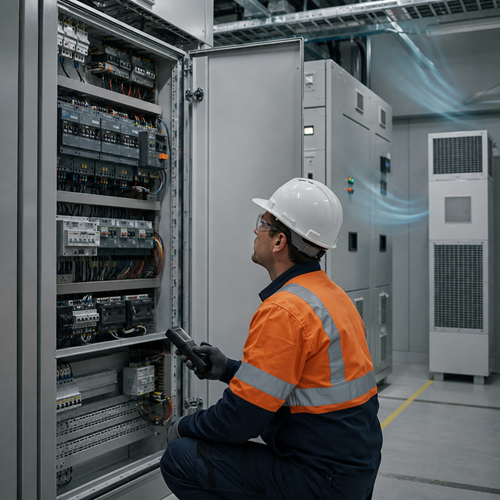 Technician inspecting electrical switchgear in an industrial control room