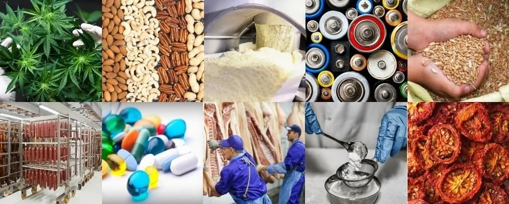 Images of the industries Humiscope supports from pharmaceutical and lithium batteries to meat processing and dry ageing
