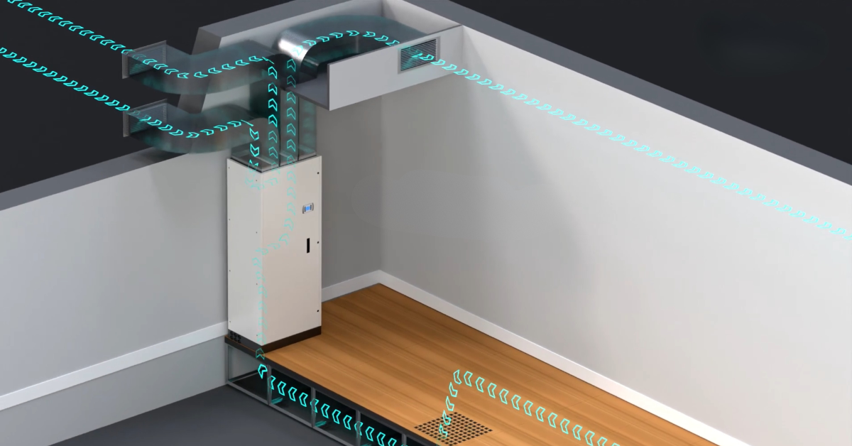 Diagram showing airflow through a ducted dehumidifier system, with air collected from the room and dry air supplied back into the space.
