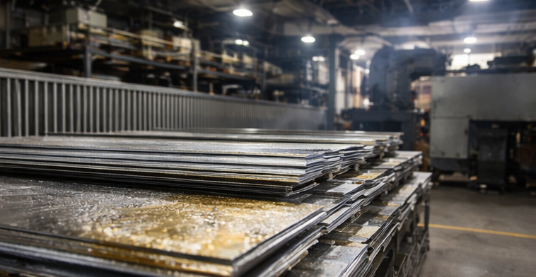 Sheet metal workshop with stacked metal sheets showing condensation and risk of corrosion