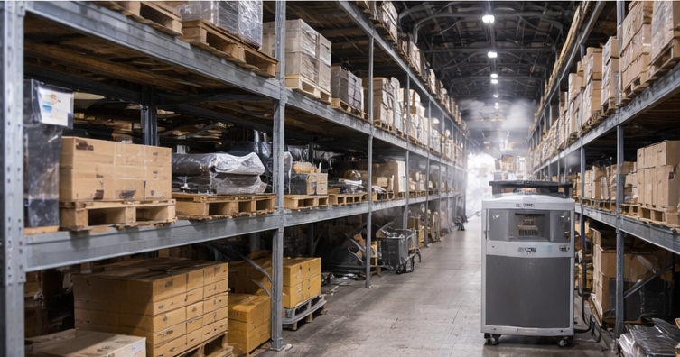 Warehouse storage area with materials protected from moisture and humidity damage