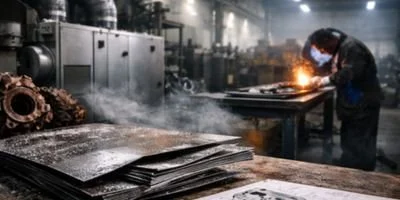 man welding in steel fabrication workshop