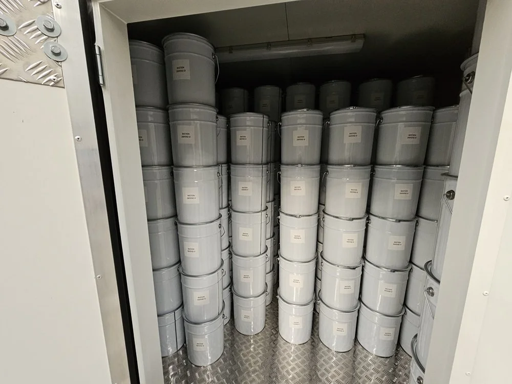 10 kg seed pails stored inside Magnus Kahl Seeds temperature and humidity controlled cool room