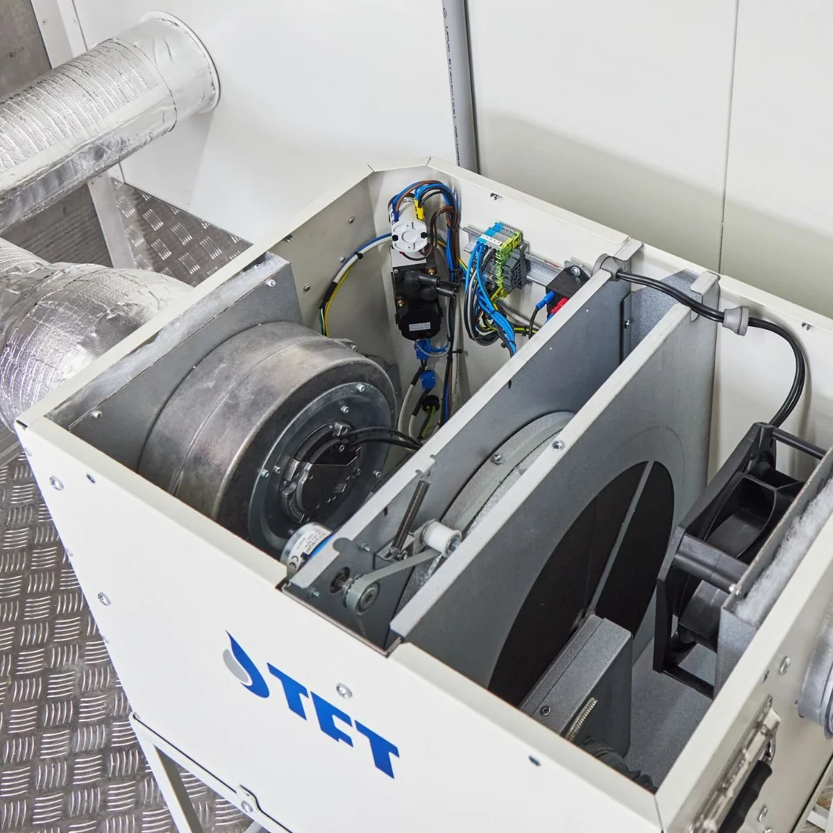 Industrial desiccant dehumidification system showing internal components and ductwork