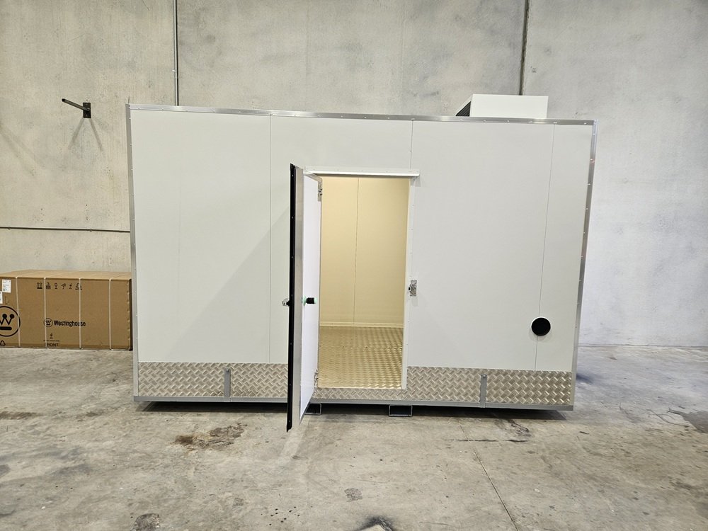 Moveable cool room used for temperature and humidity controlled seed storage at Magnus Kahl Seeds
