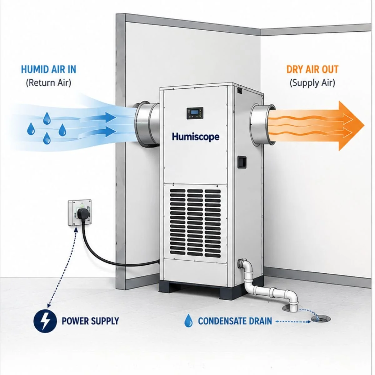 a diagram showing the installation of a refrigerant (aka mechanical) dehumidifier