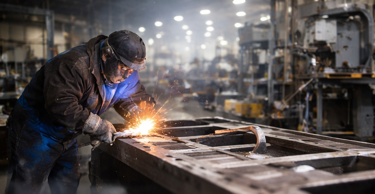 Welder working in fabrication workshop where humidity can impact metal processing and quality