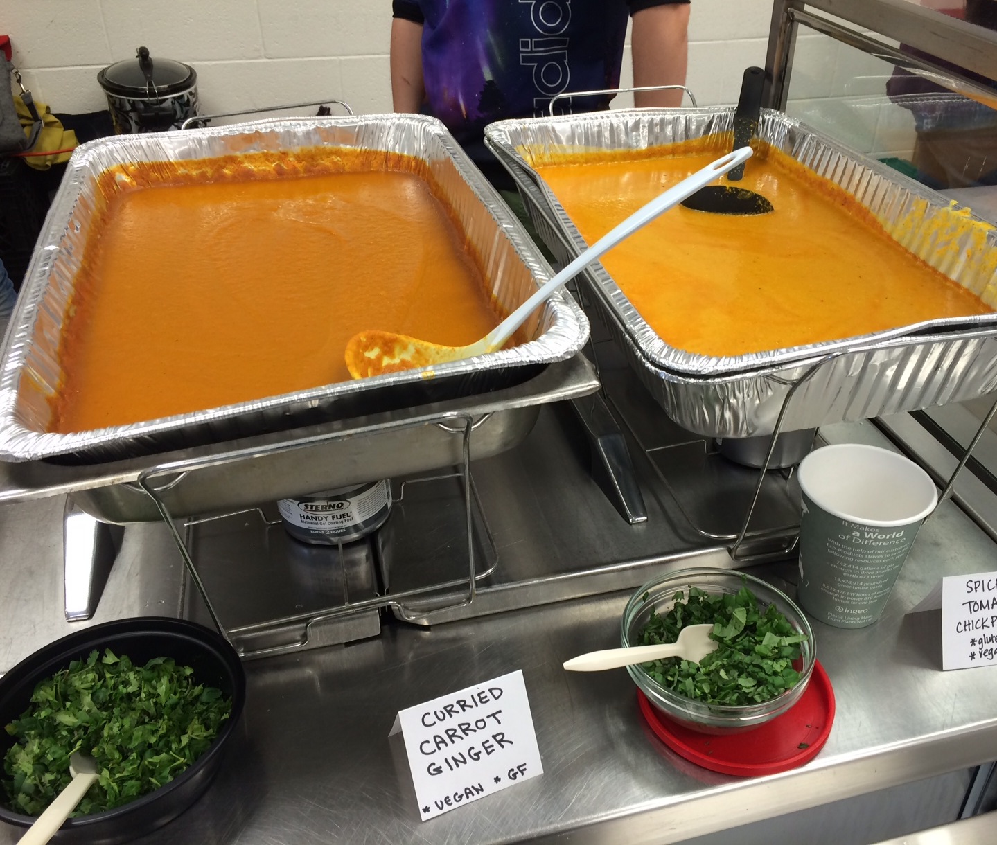  Vegan soups represent! Maia's curried ginger carrot and Katie's spicy tomato chickpea. 