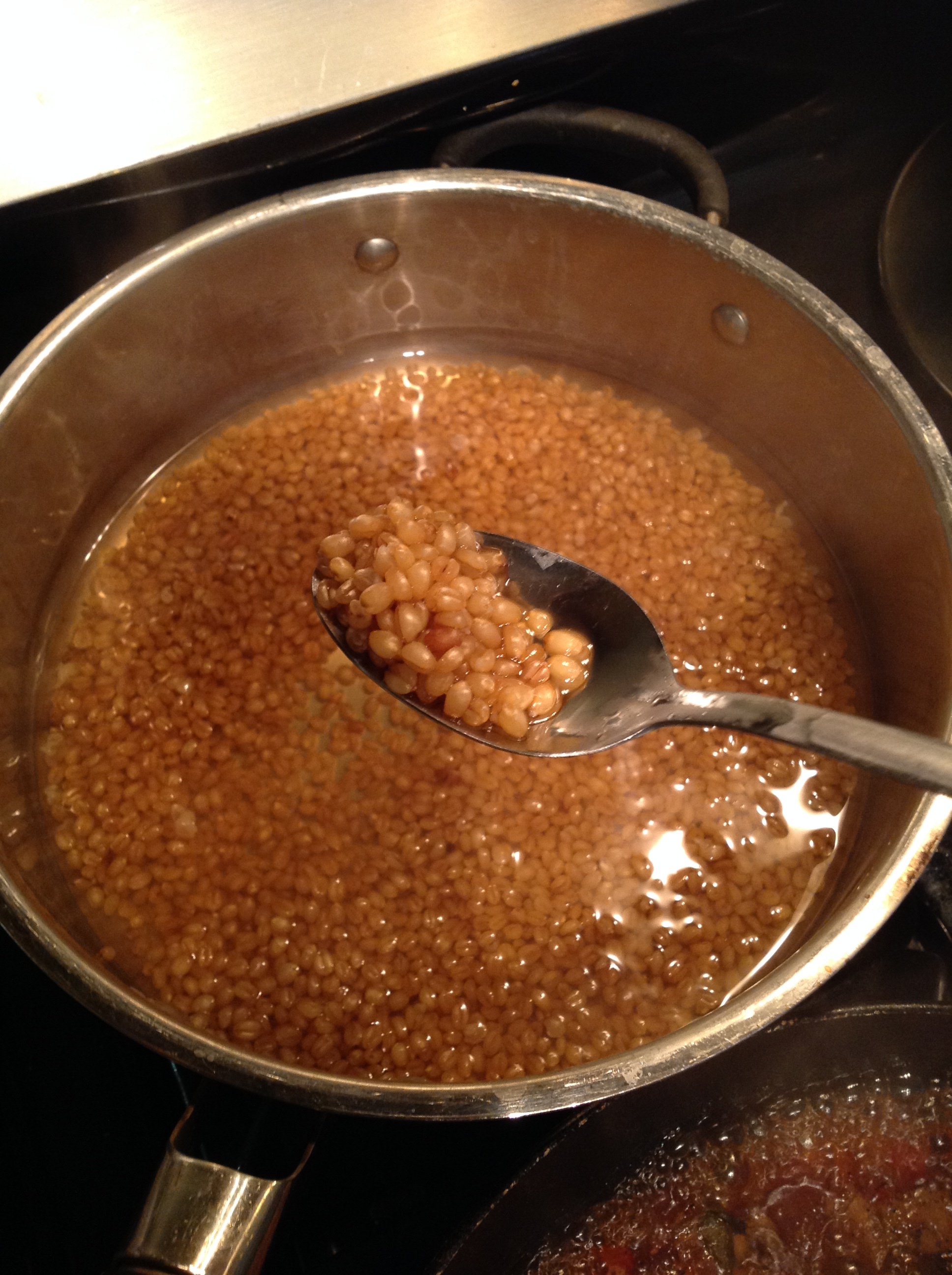 Whole grain wheat berries will "pop" open when done cooking. It will look like small balls, resembling large couscous, and should be tender like rice. PHOTO COURTESY OF KATIE SIMMONS. SOURCE : PLANTSRULE.COM