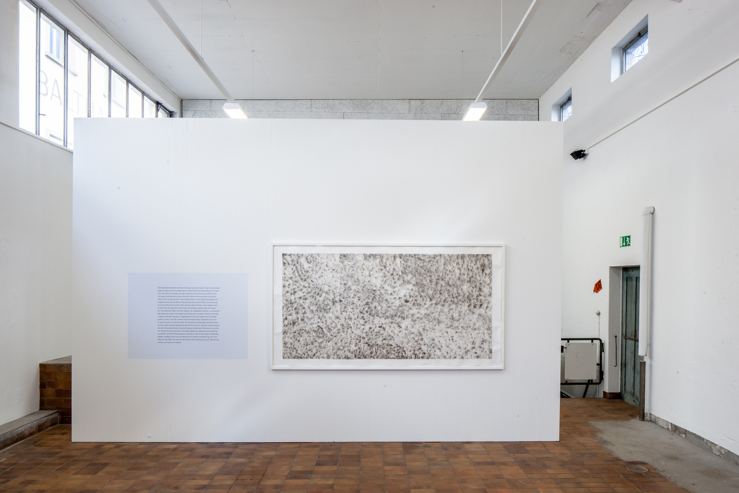  Ausstellungsansicht:&nbsp;  „MAGMA #1“, Kunstraum Hermann, Hochdorf, 25.4. - 4.7.2015  Peter Stobbe, „Little Theory“, 2014, Aquarell gerahmt; Text auf der Wand, 130 × 245 cm; 90 × 125 cm,&nbsp;2-teilig 