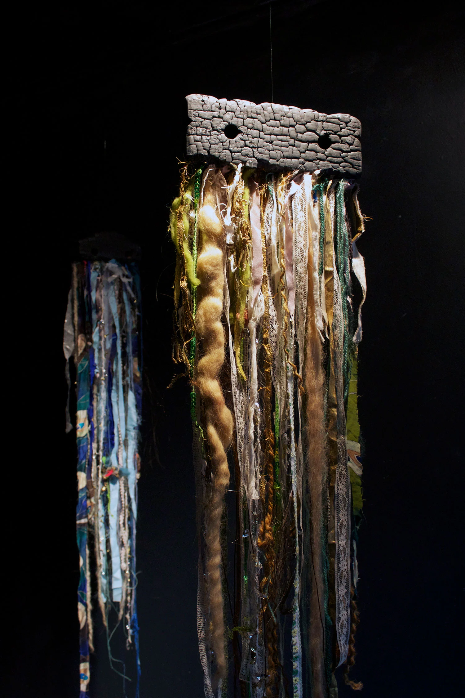 Chakras in the Dark - burnt wood, textiles, horse hair, sheep wool, feathers, fur, beads - 7 @ approx 5 ft each - Ministry of Casual Living, Victoria, BC 2014