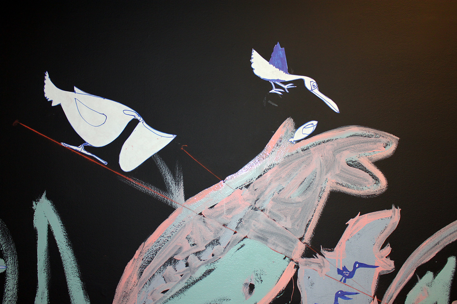 In the end he drew some birds on paper with a sharpie, had me cut them out, and we pasted them onto his wall painting.