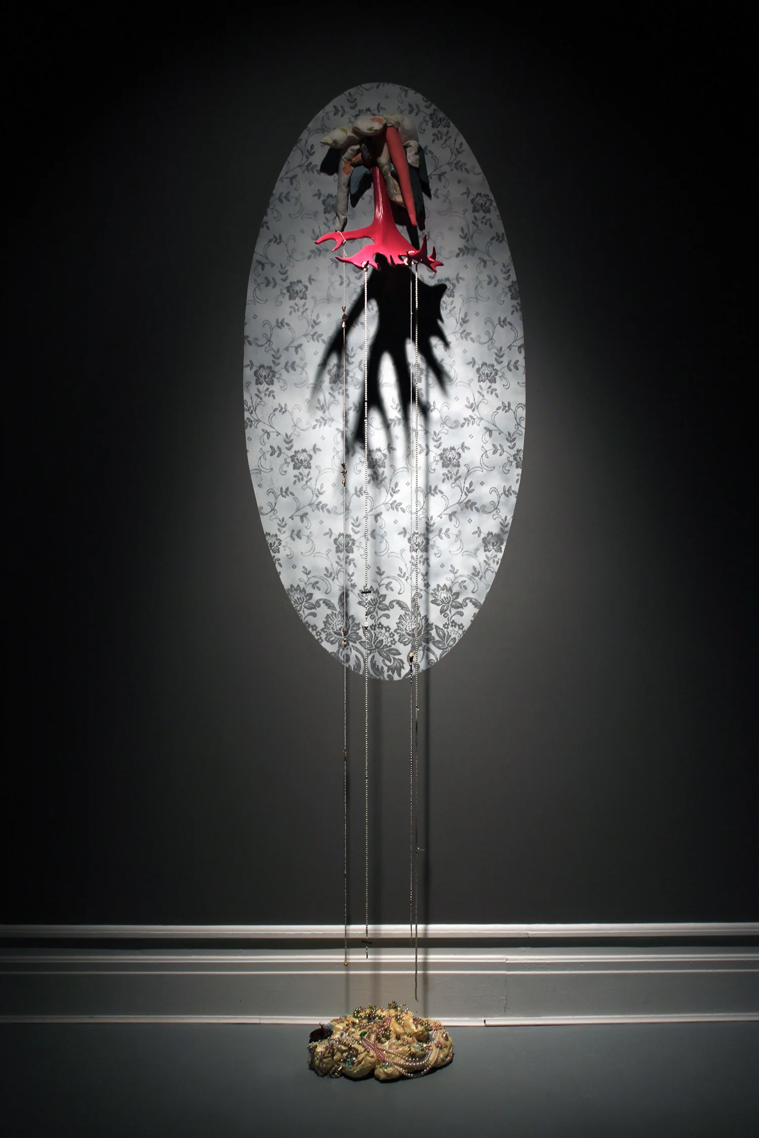 antler cluster: antler, paint, pearls, textiles, spray foam, jewelry, pins - 14 ft high