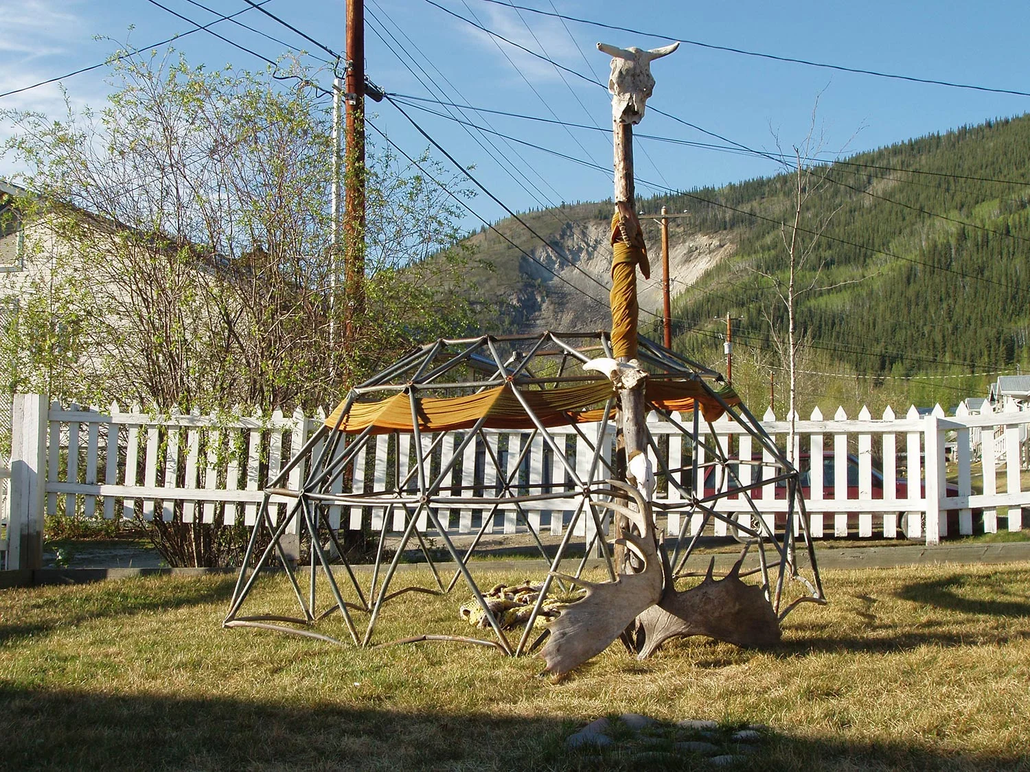 spiritual centre - geodesic dome, skulls, antlers, fabric, pine pole