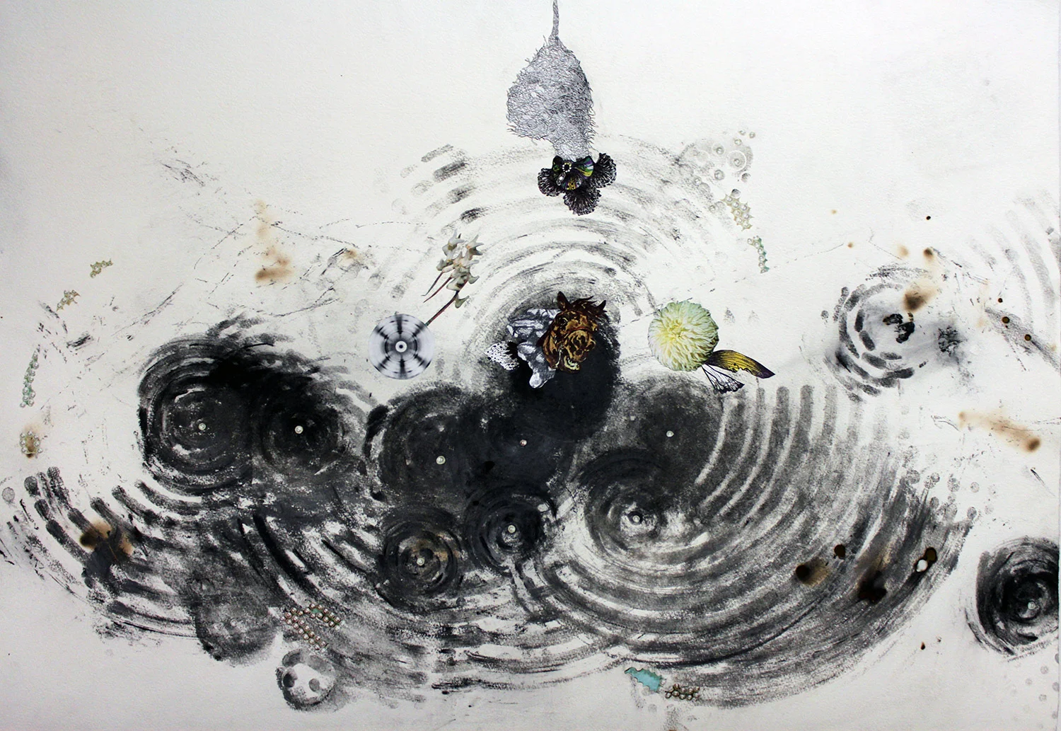 Spun out - charcoal, ash, collage - 22 x 30 in