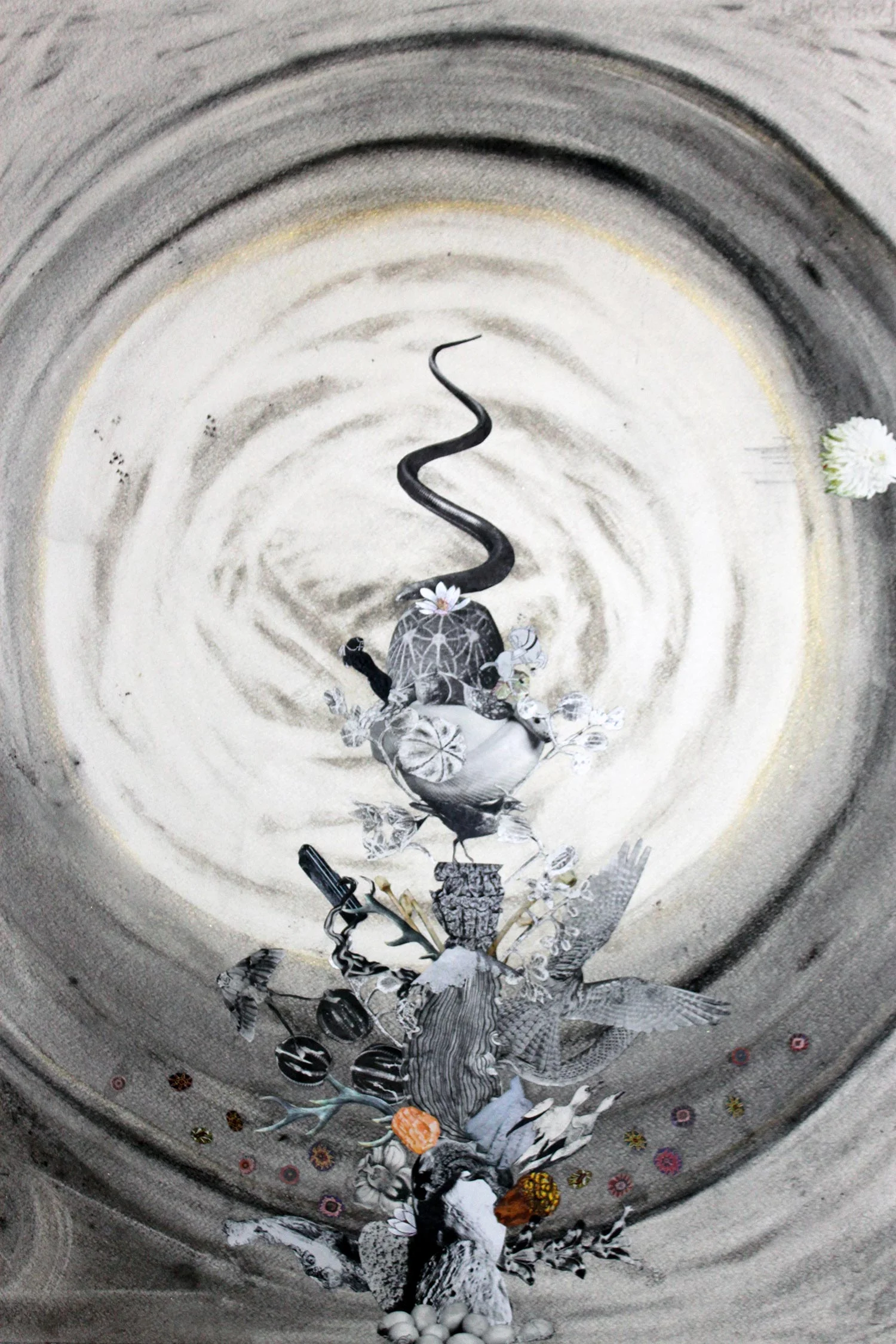 Snake moon - charcoal, ash, collage - 22 x 30 in - 2014