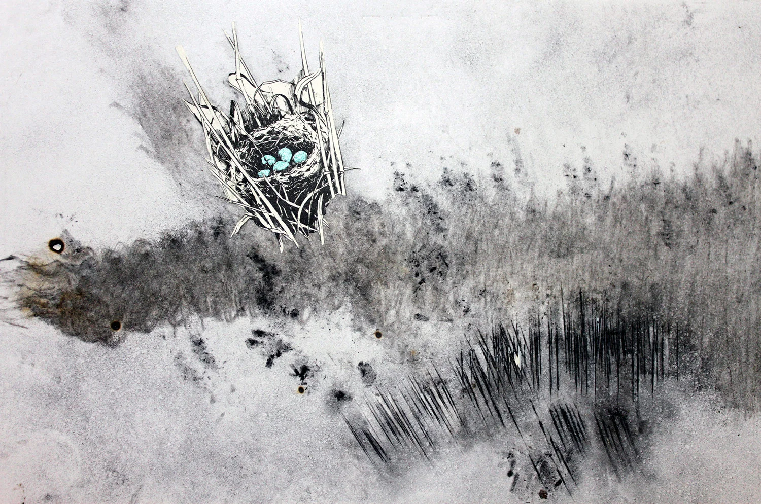 Shrapnel nest - charcoal, ash, collage, ink - 5.5 x 8.5 in - 2014