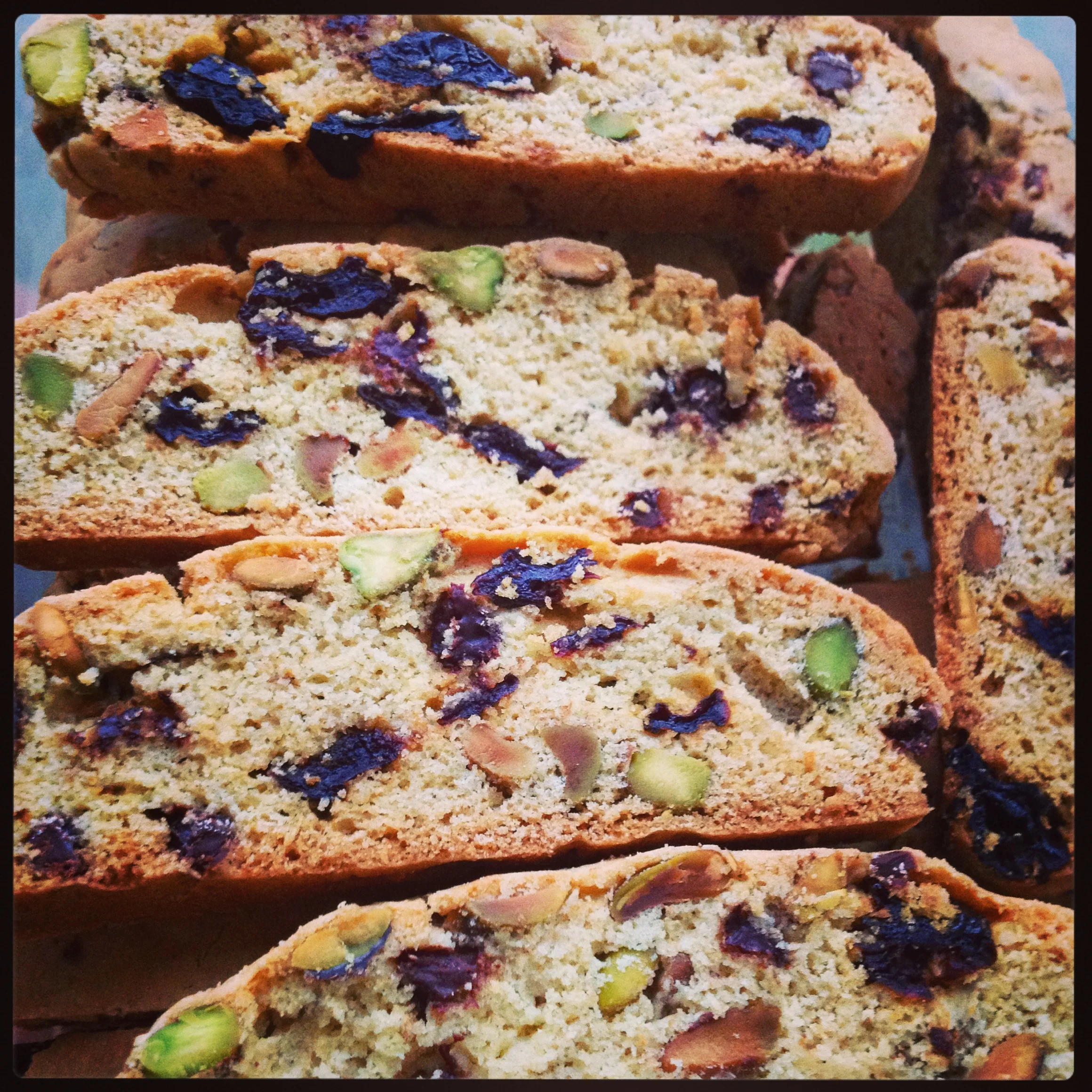 sour cherry pistaschio chocolate chip biscotti
