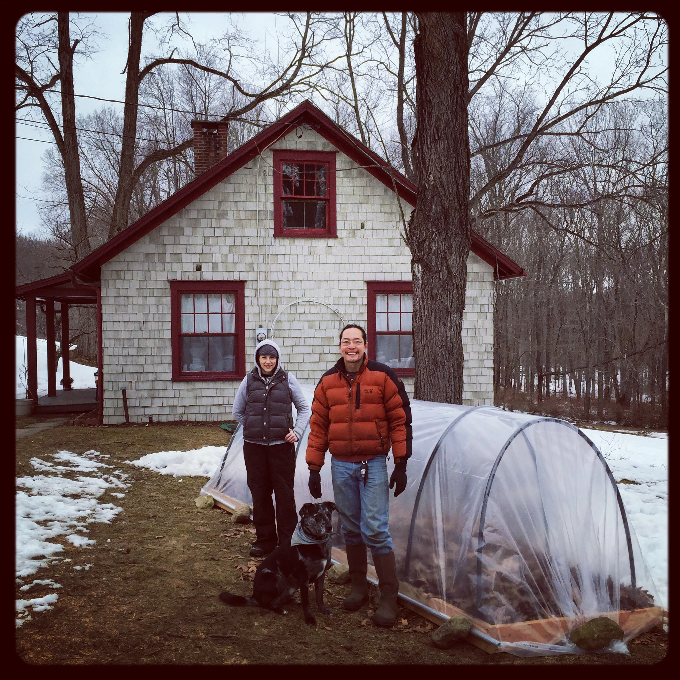 Farmer Wilson, Intern Hillary & Summit with the plant propagation low tunnel