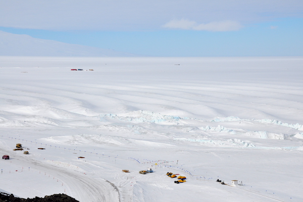 The crumbly pressure ridges in the foreground with the "Rollers" in the background. If they weren't frozen I'd have my long board out in a minute! The Rollers are compression ridges in the McMurdo Ice Shelf where it anchors against the shore of Ross Island.