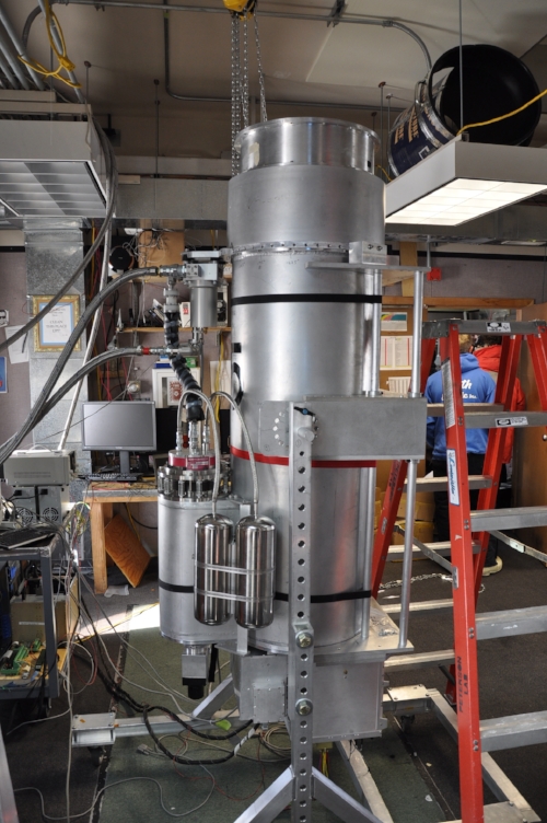 One of the 5 cryostats from the Keck array being tested and calibrated after having its sensors replaced - soon to be super-cooled and reduced to a vacuum.