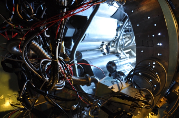 Inside the Keck array - with 4 out of the 5 cryostats in place. How do they keep track of all those wires?