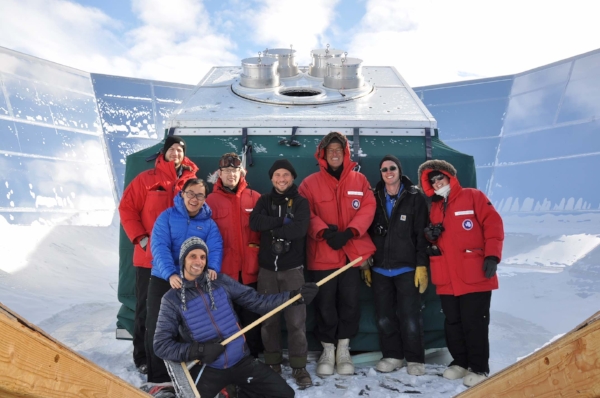 Hanging with the excellent BICEP/Keck team and some other polar folk along for the tour. You can see the pointy end of the cryostats emerging from the mount. The instrument is surrounded by a plywood and mylar shield to reduce heat interference from the nearby buildings at the Pole.