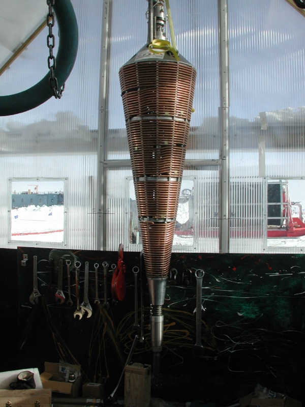 The "Fern Drill" used to drill through the upper layers of compacted snow - hot water is pumped through the copper tube to melt through the ice as the drill is slowly lowered. It's a sculptural work all on it's own.